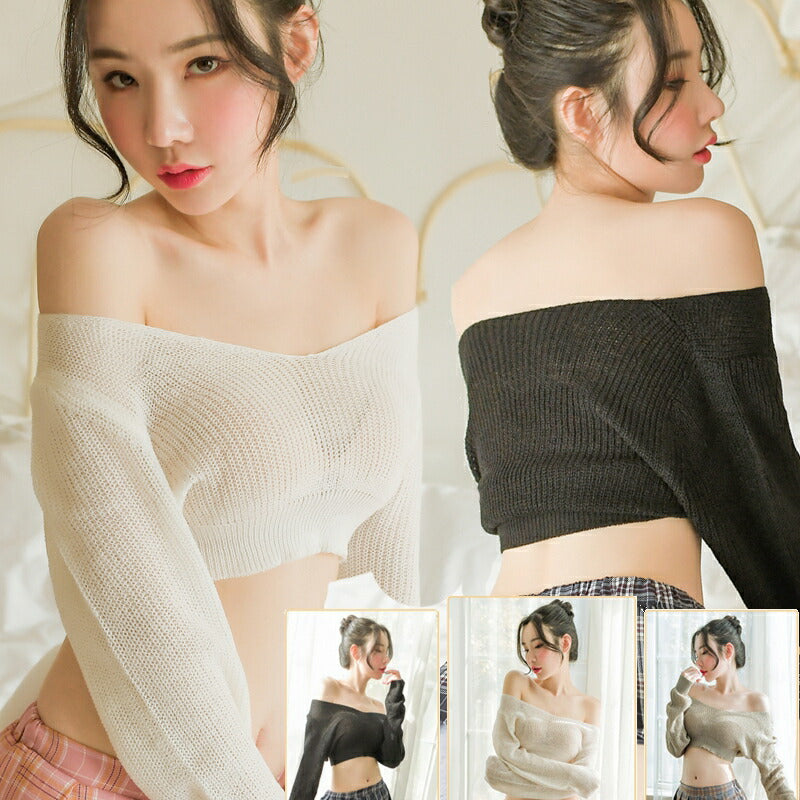 アダルト系 セーター セクシーニット 萌え袖 透け透け 女子高生 コスプレ 衣装 エロい服 エロい洋服 エッチ 洋服 エロい オフショルダー 超ショート丈 セクシー かわいい セクシーコスプレ ブラック ホワイト グレー 黒 白 (Q)[J]