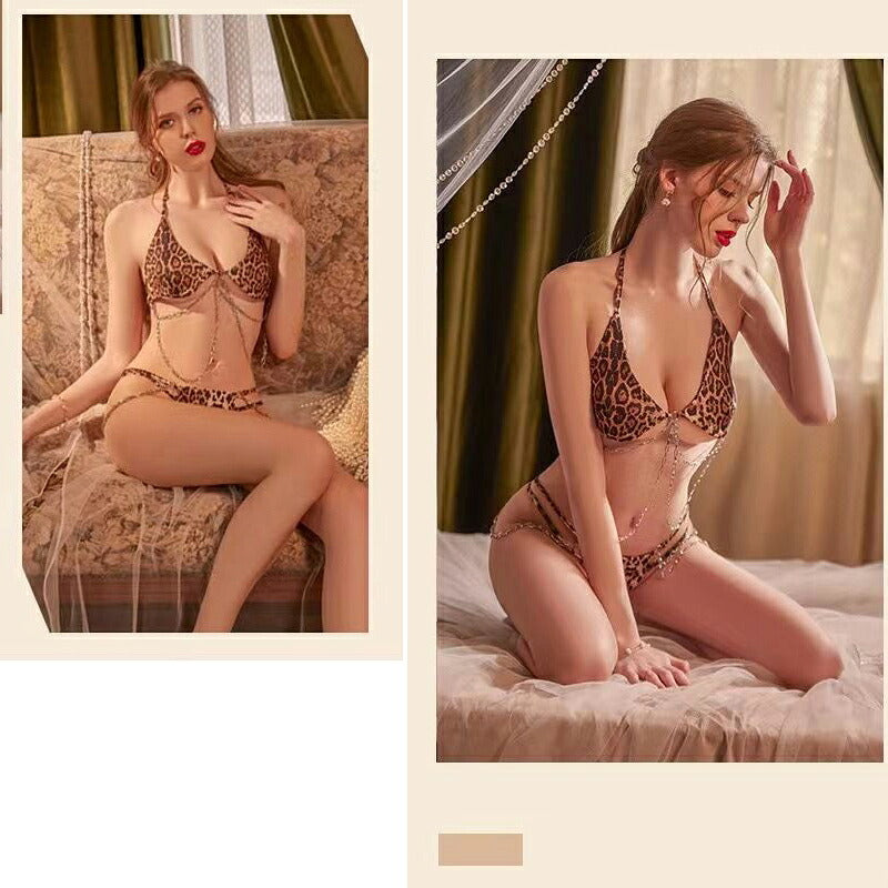 ヒョウ柄 レディース ブラショーツ セット セクシー ランジェリー ノンワイヤー ホルターネック チェーン付き 紐パン 下着 上下 セットアップ 大人用 勝負下着 ナイトウェア フリーサイズ パッドなし ワイヤーなし 大胆 魅惑 スタイル 強調 ギフト プレゼント 春 夏 秋 冬(T)