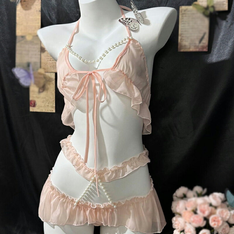 ピンク ブラショーツセット セクシーランジェリー 下着 レディース ブラジャー Tバックショーツ 腕飾り セット リボン 紐結び 紐パン シースルー 透け感 スケスケ 勝負下着 エロかわ かわいい 大人 セクシー コスプレ 衣装 イベント 撮影会 インナー ピンク 春 夏 秋 冬 (T)