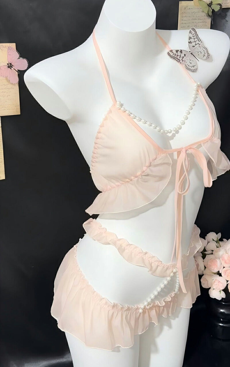 ピンク ブラショーツセット セクシーランジェリー 下着 レディース ブラジャー Tバックショーツ 腕飾り セット リボン 紐結び 紐パン シースルー 透け感 スケスケ 勝負下着 エロかわ かわいい 大人 セクシー コスプレ 衣装 イベント 撮影会 インナー ピンク 春 夏 秋 冬 (T)