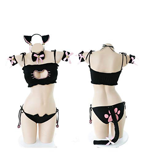 猫耳 セクシー ランジェリー 首輪 下着 セット アダルト系 エロいコスプレ 猫娘 エッチなコスプレ ブラ＆ショーツ エッチな下着 エロい エロ下着 紐パンツ 猫女 かわいい 可愛い リボン ねこ 衣装 仮装 ハロウィン 服 ハート (Q)
