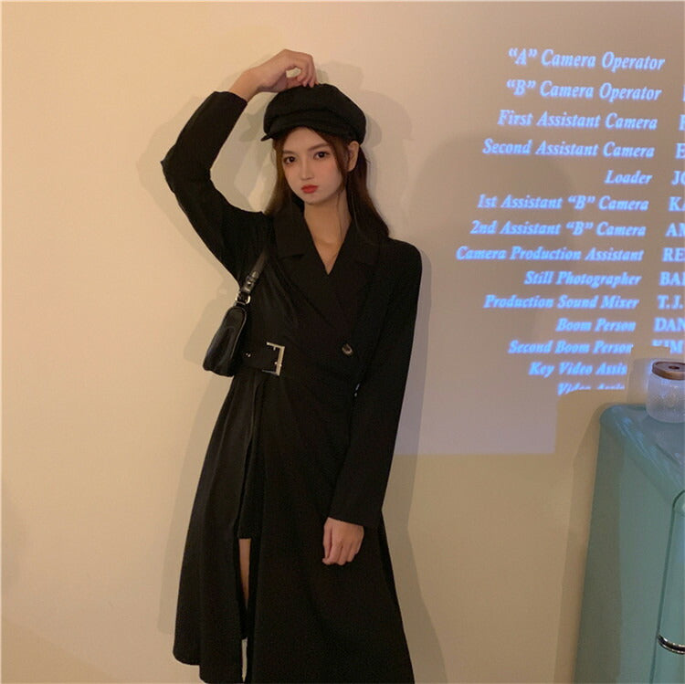 ブラックドレス スーツドレス ワンピース ドレス コート風 セクシー かわいい 黒 ブラック 脚見せ ミニスカート ロングスカート ミモレ 可愛い かっこいい 個性的 クール おしゃれ レディース 服 人気 S M L ベルト フレア 襟  韓国 韓国ファッション オルチャン [K](Q)