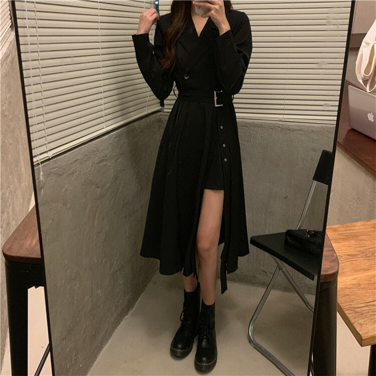 ブラックドレス スーツドレス ワンピース ドレス コート風 セクシー かわいい 黒 ブラック 脚見せ ミニスカート ロングスカート ミモレ 可愛い かっこいい 個性的 クール おしゃれ レディース 服 人気 S M L ベルト フレア 襟  韓国 韓国ファッション オルチャン [K](Q)