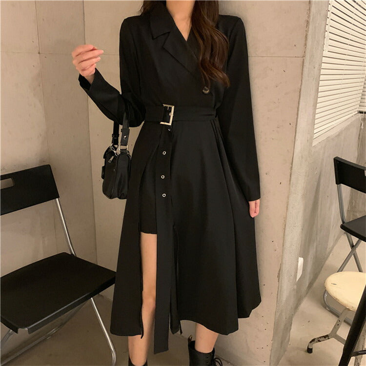 ブラックドレス スーツドレス ワンピース ドレス コート風 セクシー かわいい 黒 ブラック 脚見せ ミニスカート ロングスカート ミモレ 可愛い かっこいい 個性的 クール おしゃれ レディース 服 人気 S M L ベルト フレア 襟  韓国 韓国ファッション オルチャン [K](Q)