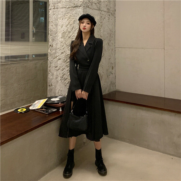 ブラックドレス スーツドレス ワンピース ドレス コート風 セクシー かわいい 黒 ブラック 脚見せ ミニスカート ロングスカート ミモレ 可愛い かっこいい 個性的 クール おしゃれ レディース 服 人気 S M L ベルト フレア 襟  韓国 韓国ファッション オルチャン [K](Q)