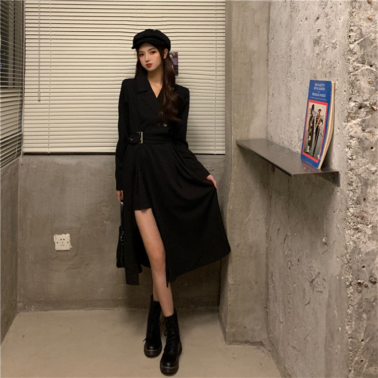 ブラックドレス スーツドレス ワンピース ドレス コート風 セクシー かわいい 黒 ブラック 脚見せ ミニスカート ロングスカート ミモレ 可愛い かっこいい 個性的 クール おしゃれ レディース 服 人気 S M L ベルト フレア 襟  韓国 韓国ファッション オルチャン [K](Q)