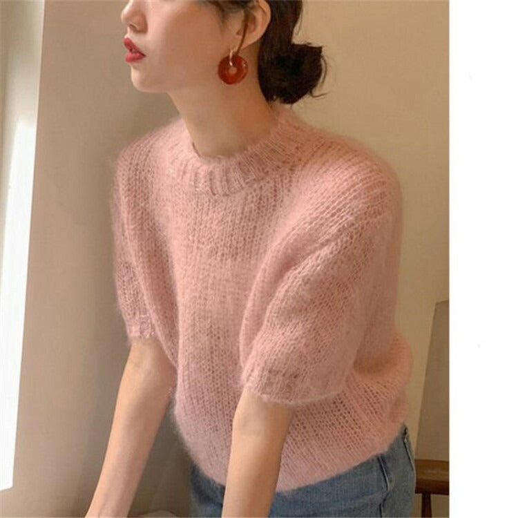 半袖 モヘアニット セーター レディース モヘア ニット 薄手ニット トップス レトロ 可愛い おしゃれ ピンク 赤系 かわいい ふわふわ もこもこ 柔らかい 暖かい S M L 小さいサイズ 大きいサイズ 華奢見え ガーリー トレンド 秋冬ファッション 半袖ニット [K](Q)
