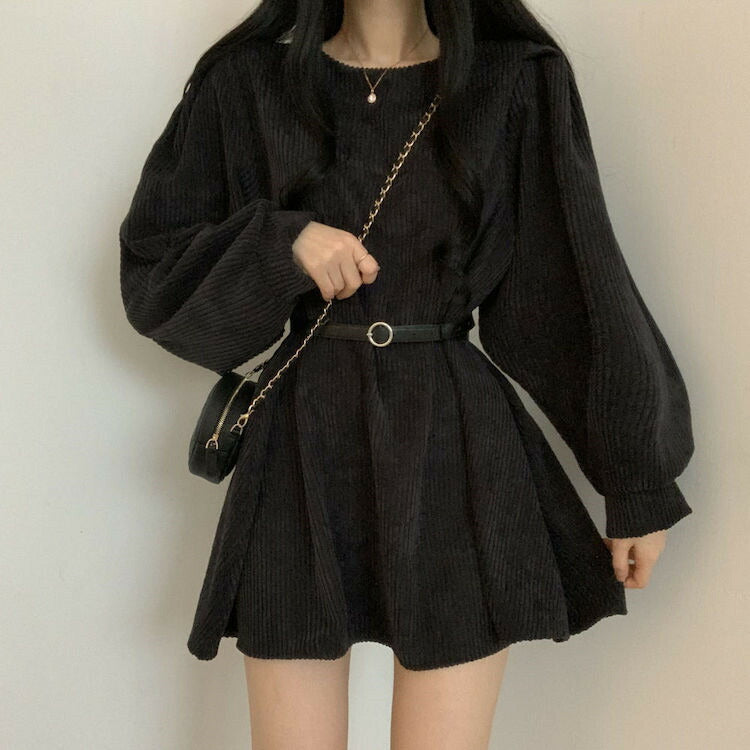 コーデュロイ ワンピース ベルト付き ランタンスリーブ パフスリーブ ショート丈 ミニスカート 体型カバー ゆったり ブラック ブラウン グレー ワンピ 長袖 レディース 黒 茶 灰色 秋冬ファッション かわいい おしゃれ シンプル 可愛い韓国ファッション オルチャン (Q)