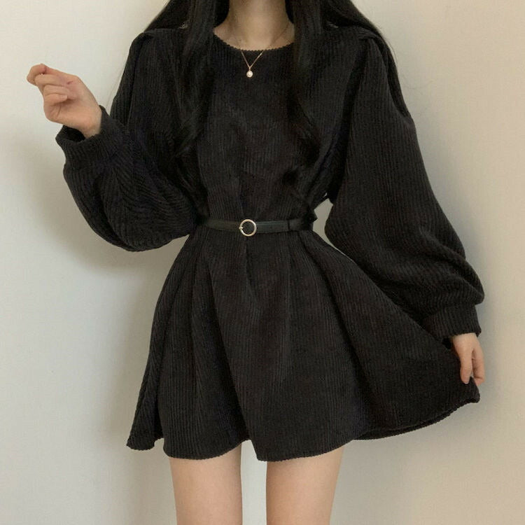 コーデュロイ ワンピース ベルト付き ランタンスリーブ パフスリーブ ショート丈 ミニスカート 体型カバー ゆったり ブラック ブラウン グレー ワンピ 長袖 レディース 黒 茶 灰色 秋冬ファッション かわいい おしゃれ シンプル 可愛い韓国ファッション オルチャン (Q)