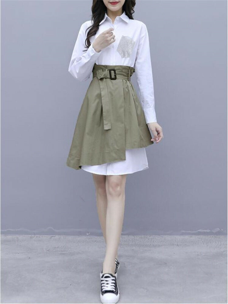 シャツワンピース スカート セット 重ね着 白シャツ 長袖 ワンピース ツーピース 小さいサイズ 大きいサイズ S M L XL アシンメトリー 長袖シャツ ホワイト 白 ベルト付き 可愛い 個性的 白ワンピ 襟 ボタン かっこいい 大人 レディース おしゃれ 韓国ファッション[J][K](Q)