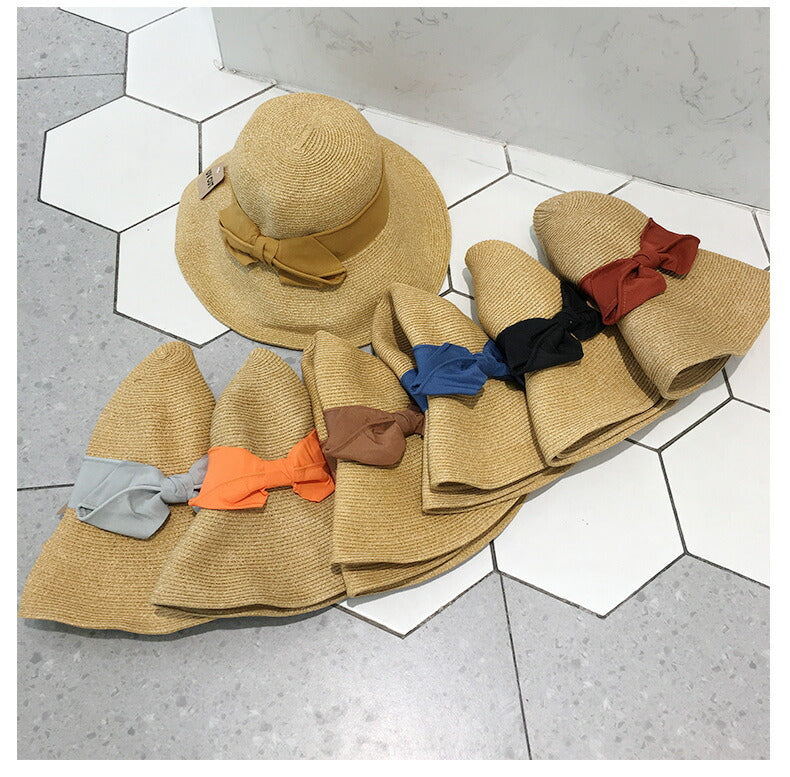 麦わら帽子 ストローハット レディース 小顔 つば広 折り畳み リボン 上品 大人女子 携帯 つばが広い 日焼け対策 UV対策 旅行 ビーチ プール 海 大きいリボン サンバイザー [J](T)