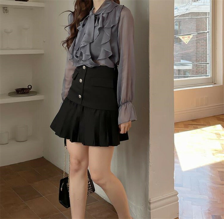 シフォンブラウス フリル シースルー エアリー ブラウス シャツ 可愛い フリフリ おしゃれ かわいい ボリューム 長袖 ホワイト グレー 白 灰色 クラシカル ガーリー S M L XL 小さいサイズ 大きいサイズ お出かけ トップス ふんわり レディース デート 仕事[K](Q)