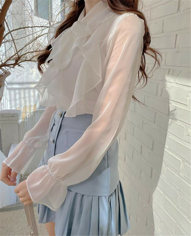 シフォンブラウス フリル シースルー エアリー ブラウス シャツ 可愛い フリフリ おしゃれ かわいい ボリューム 長袖 ホワイト グレー 白 灰色 クラシカル ガーリー S M L XL 小さいサイズ 大きいサイズ お出かけ トップス ふんわり レディース デート 仕事[K](Q)