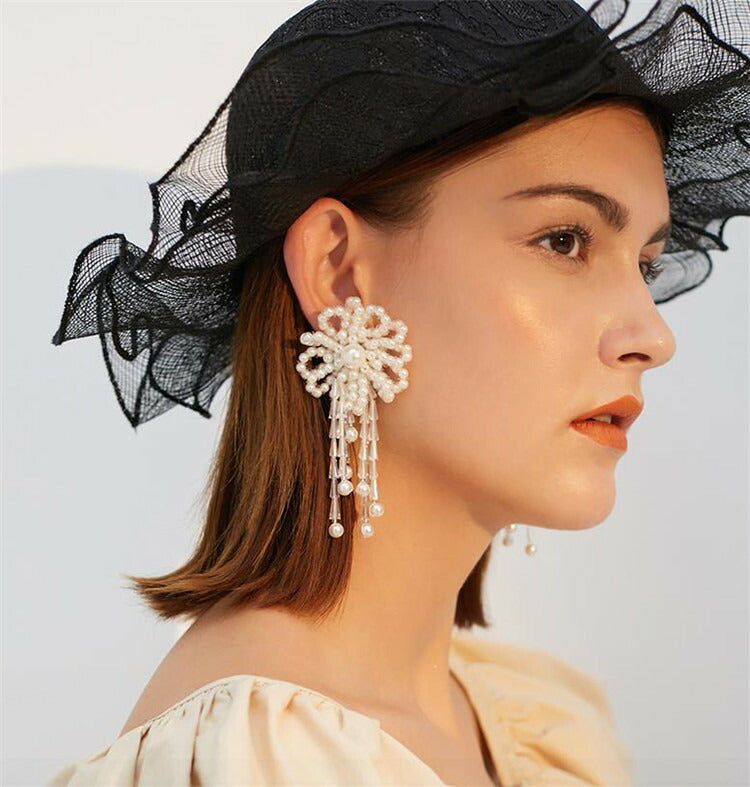 素敵なデザイン セクシー 花柄 ロング ピアス 真珠 ラインストーン ファッション[J][K](T)