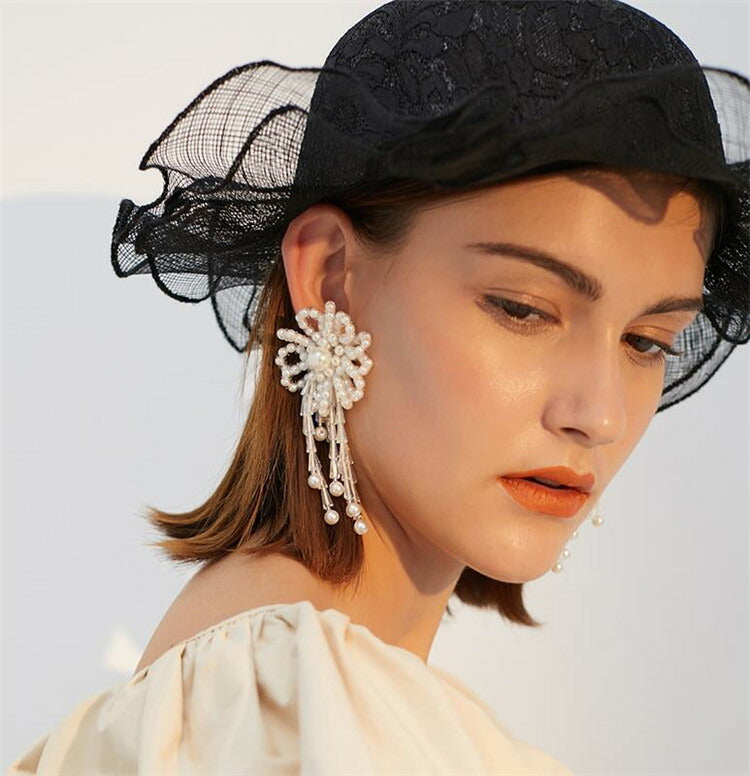 素敵なデザイン セクシー 花柄 ロング ピアス 真珠 ラインストーン ファッション[J][K](T)
