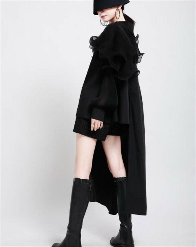 アシンメトリー シャツワンピ 個性的 ユニーク イレギュラー パフスリーブ ワンピース フリル 長袖 中袖 中そで ブラック 黒 ホワイト 白 グリーン 緑 マント風 左右非対称 シフォン コート風  レディース おしゃれ 可愛い かわいい クール かっこいい 個性派[J] [K](Q)