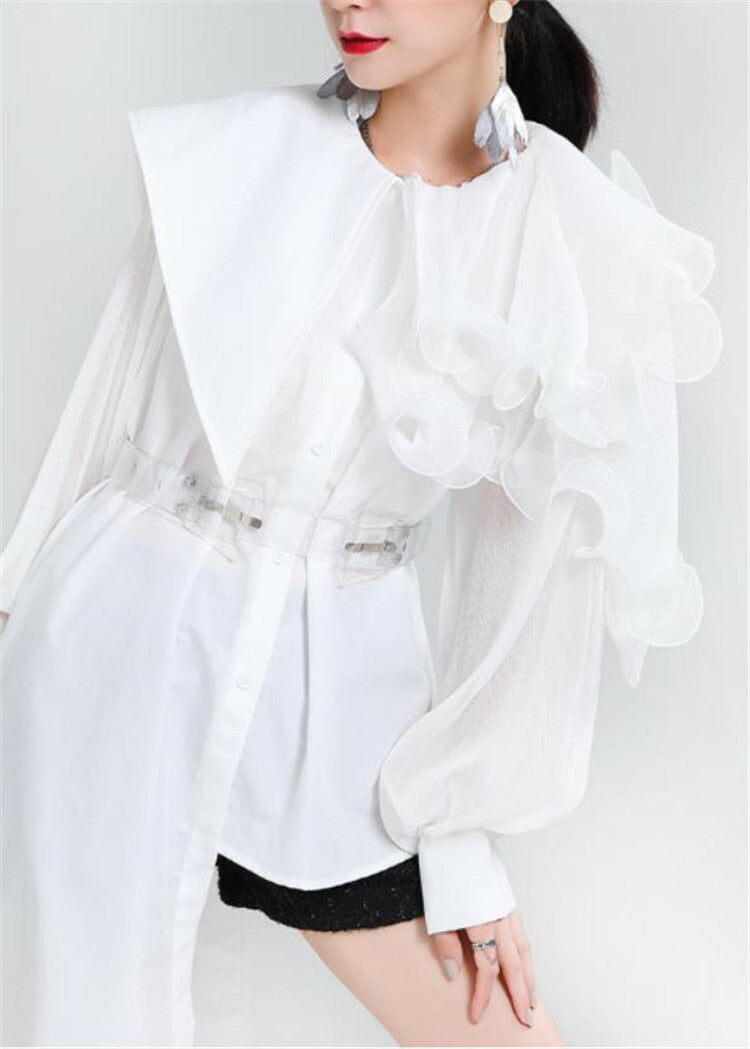 アシンメトリー シャツワンピ 個性的 ユニーク イレギュラー パフスリーブ ワンピース フリル 長袖 中袖 中そで ブラック 黒 ホワイト 白 グリーン 緑 マント風 左右非対称 シフォン コート風  レディース おしゃれ 可愛い かわいい クール かっこいい 個性派[J] [K](Q)