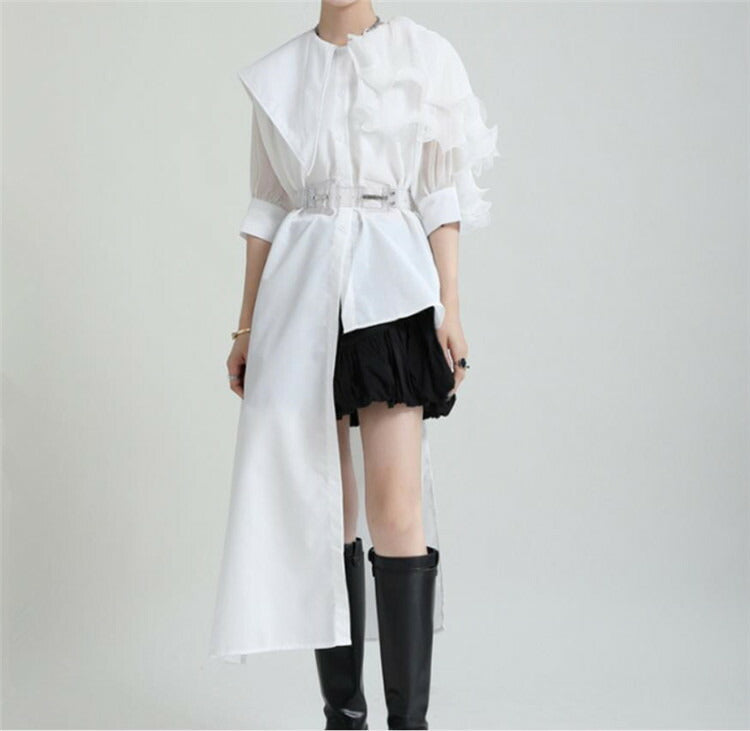 アシンメトリー シャツワンピ 個性的 ユニーク イレギュラー パフスリーブ ワンピース フリル 長袖 中袖 中そで ブラック 黒 ホワイト 白 グリーン 緑 マント風 左右非対称 シフォン コート風  レディース おしゃれ 可愛い かわいい クール かっこいい 個性派[J] [K](Q)