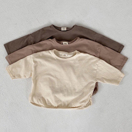 Tシャツ 子供 ナチュラル アースカラー ブラウン ベージュ 生成 キッズ 73 80 90 100 サイズ 七分袖 シンプル 無地 子供用 キッズ服  韓国ファッション  tシャツ 子供服  男の子 女の子 男女兼用 ユニセックス[J](T)