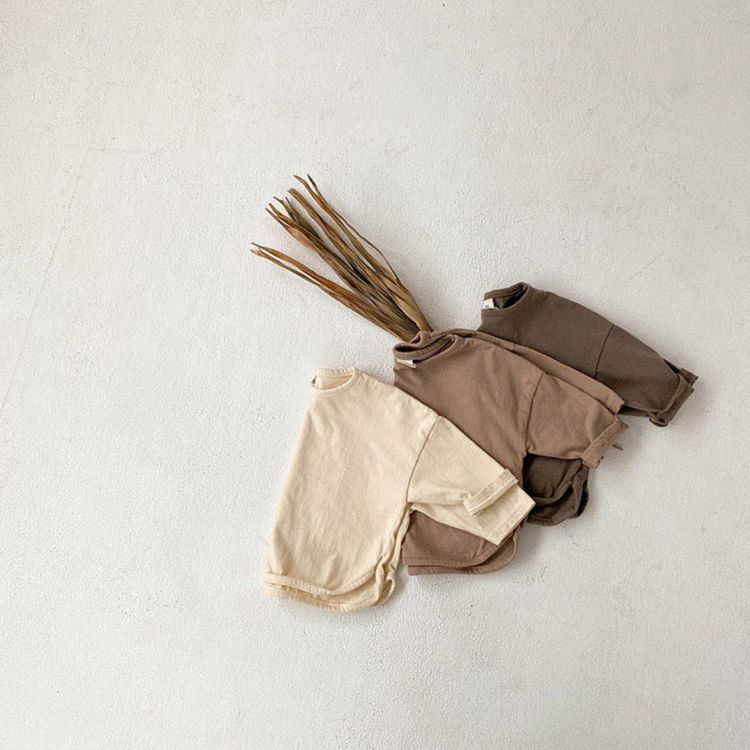 Tシャツ 子供 ナチュラル アースカラー ブラウン ベージュ 生成 キッズ 73 80 90 100 サイズ 七分袖 シンプル 無地 子供用 キッズ服  韓国ファッション  tシャツ 子供服  男の子 女の子 男女兼用 ユニセックス[J](T)