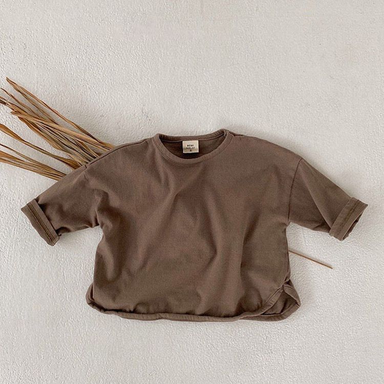 Tシャツ 子供 ナチュラル アースカラー ブラウン ベージュ 生成 キッズ 73 80 90 100 サイズ 七分袖 シンプル 無地 子供用 キッズ服  韓国ファッション  tシャツ 子供服  男の子 女の子 男女兼用 ユニセックス[J](T)