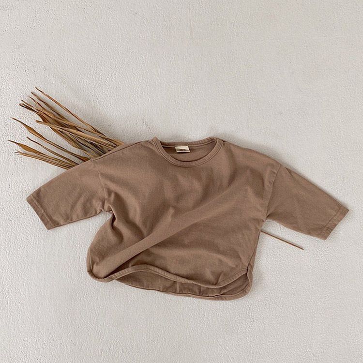 Tシャツ 子供 ナチュラル アースカラー ブラウン ベージュ 生成 キッズ 73 80 90 100 サイズ 七分袖 シンプル 無地 子供用 キッズ服  韓国ファッション  tシャツ 子供服  男の子 女の子 男女兼用 ユニセックス[J](T)