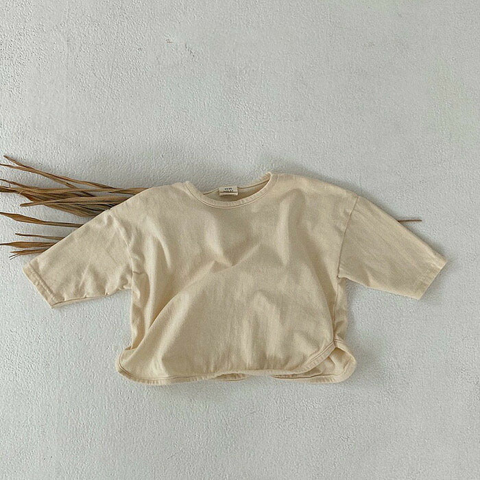 Tシャツ 子供 ナチュラル アースカラー ブラウン ベージュ 生成 キッズ 73 80 90 100 サイズ 七分袖 シンプル 無地 子供用 キッズ服  韓国ファッション  tシャツ 子供服  男の子 女の子 男女兼用 ユニセックス[J](T)